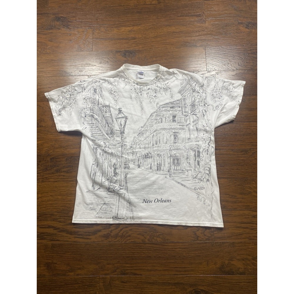 Vintage 90s New Orleans All Over Print T Shirt XL Bourbon Street Sketch AOP Tee